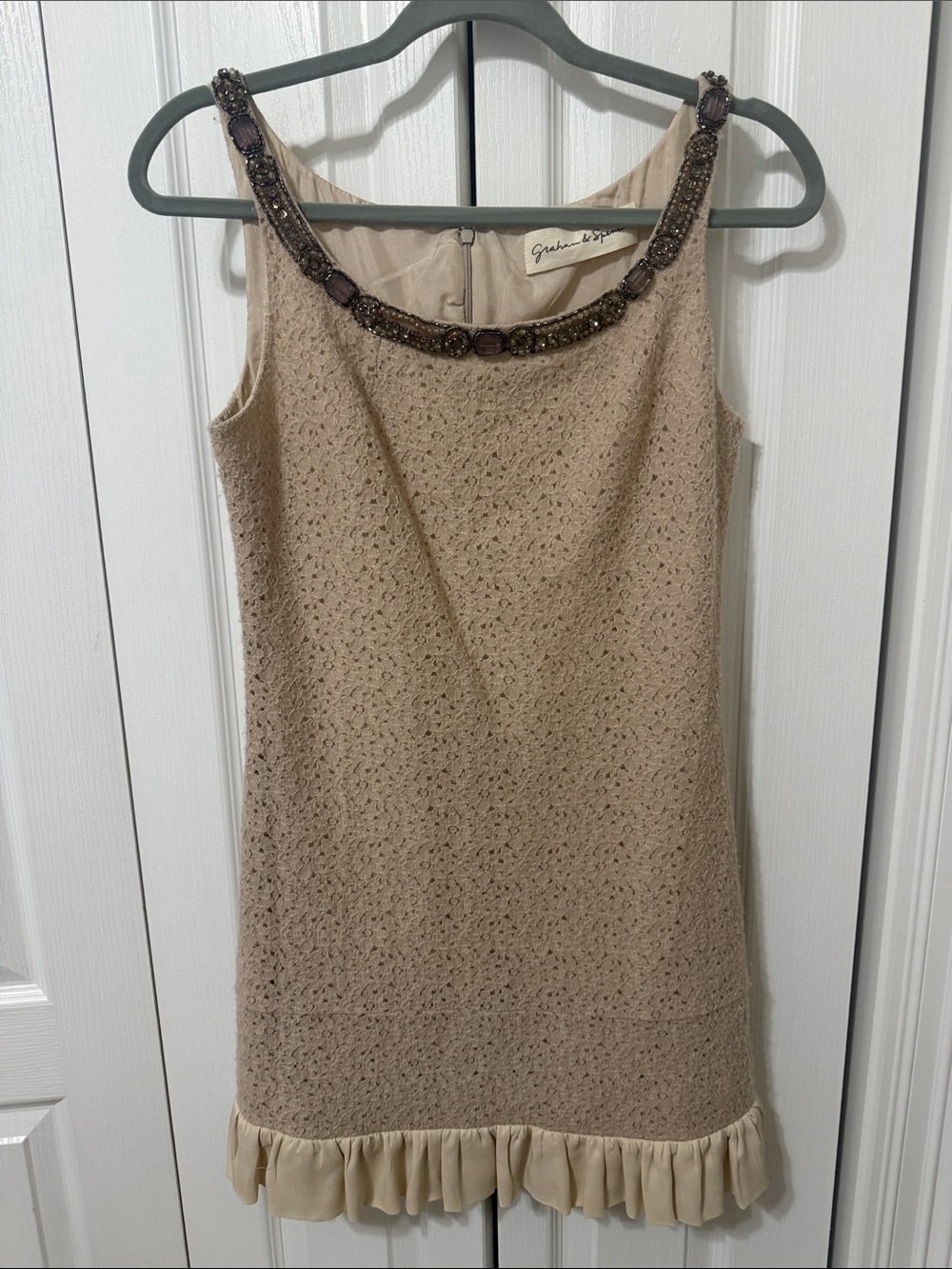 Embellished Neckline Beige Mini Dress by Graham & Spencer